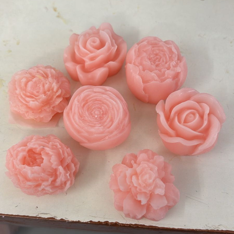 Close-up of blush pink handcrafted soap roses showing petal detail